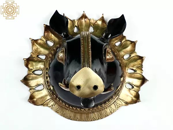 9" Lord Varaha Mask Glimmering With Life In Brass