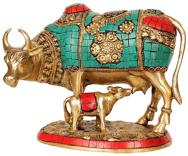 9" Richly Adorned Mother Cow Suckles Her Calf In Brass | Handmade | Made In India