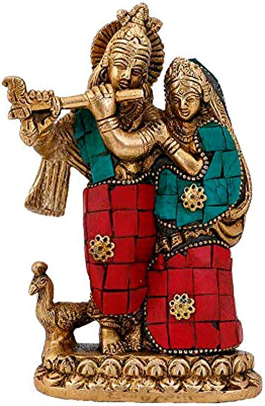 6" Radha Resting on Krishna's Shoulder Whilst He Makes Music | Handmade Brass Statue | Made In India
