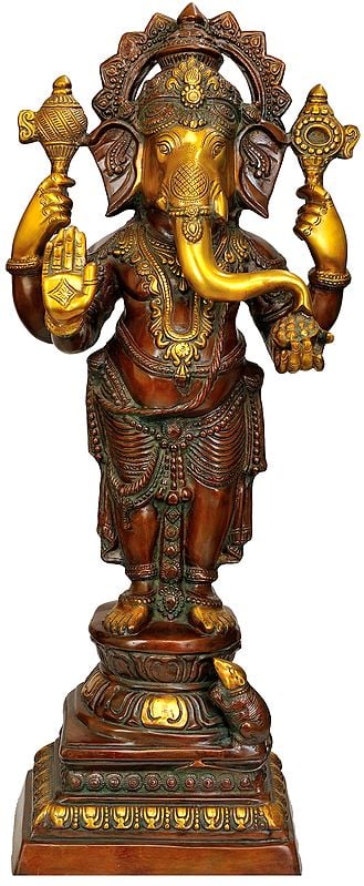 35" Standing Ganesha, Stately And Resplendent In Brass | Handmade | Made In India