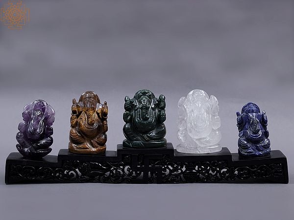 14" Set of Five Gemstone Ganesha with Wooden Pedestal