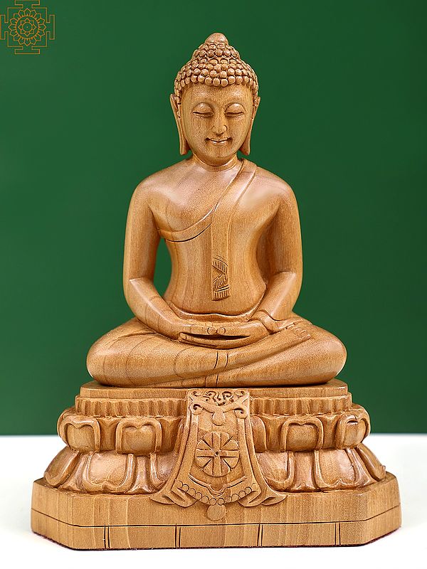 6" Wooden Lord Buddha Idol in Dhyana Mudra Seated on Lotus Seat
