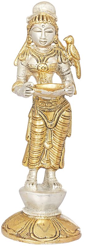 6" Deepalakshmi with Parrot on Her Shoulder in Brass | Handmade | Made in India