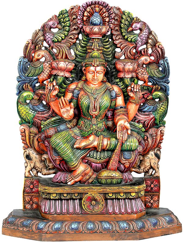 Lakshmi the Goddess Who Gives Money With Aureole Made of Peacocks