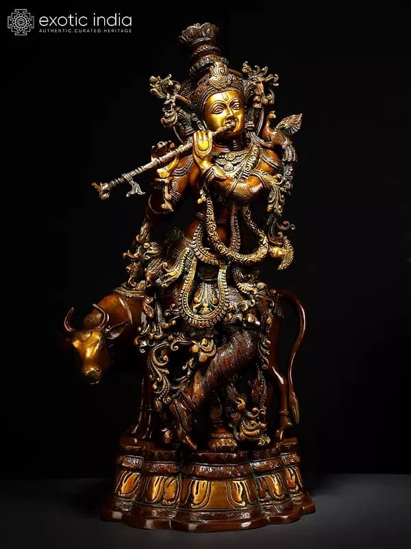 26" Krishna with His Cow In Brass | Handmade | Made In India