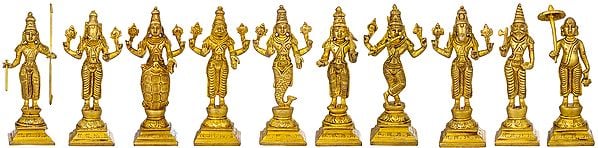 6" The Ten Incarnations of Lord Vishnu - Dashavtara (Set of Ten Sculptures) In Brass | Handmade | Made In India