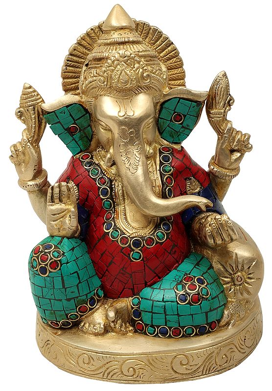 6" Blessing Lord Ganesha Brass Idol with Inlay | Handmade | Made in India