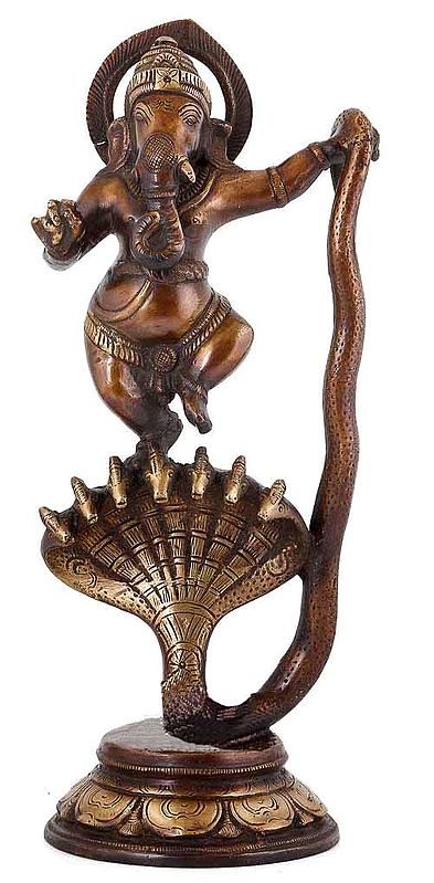 12" Lord Ganesha Dancing on Sheshnag In Brass | Handmade | Made In India