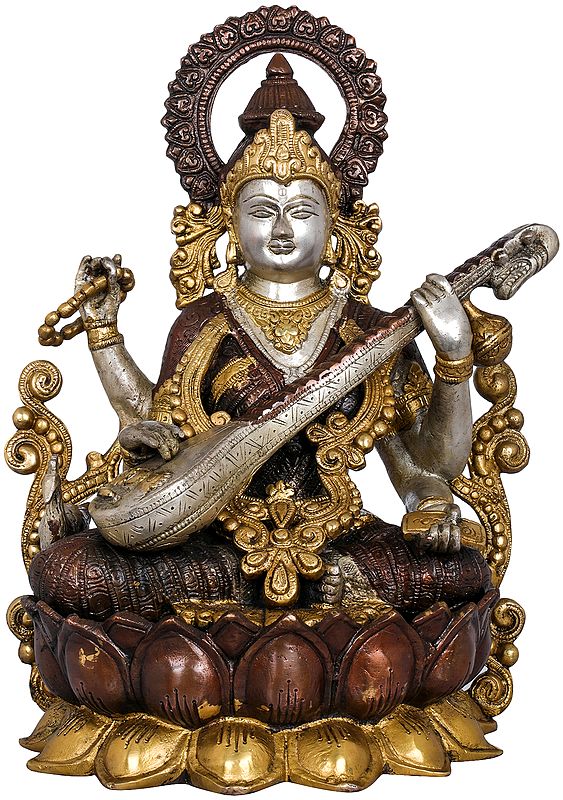 12" Kamalasana Goddess Saraswati In Brass | Handmade | Made In India