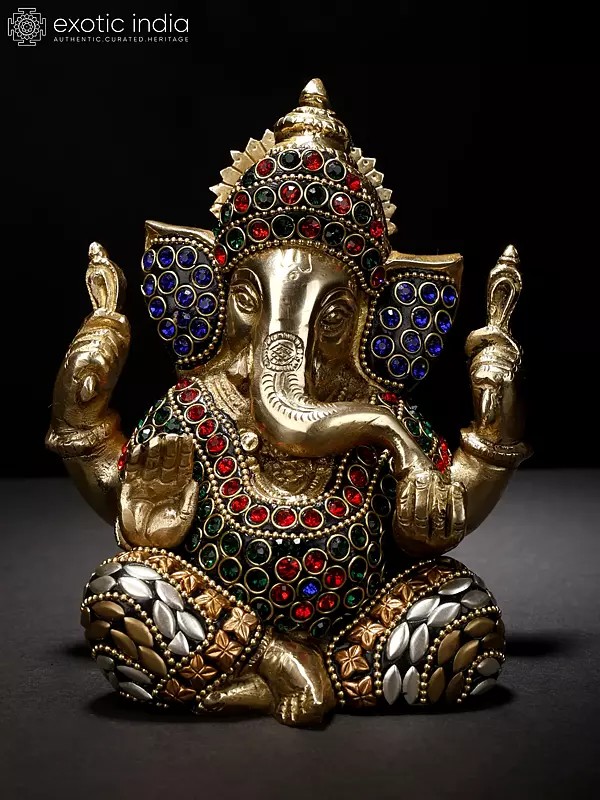 5" Crowned Inlay Ganesha In Brass | Handmade | Made In India