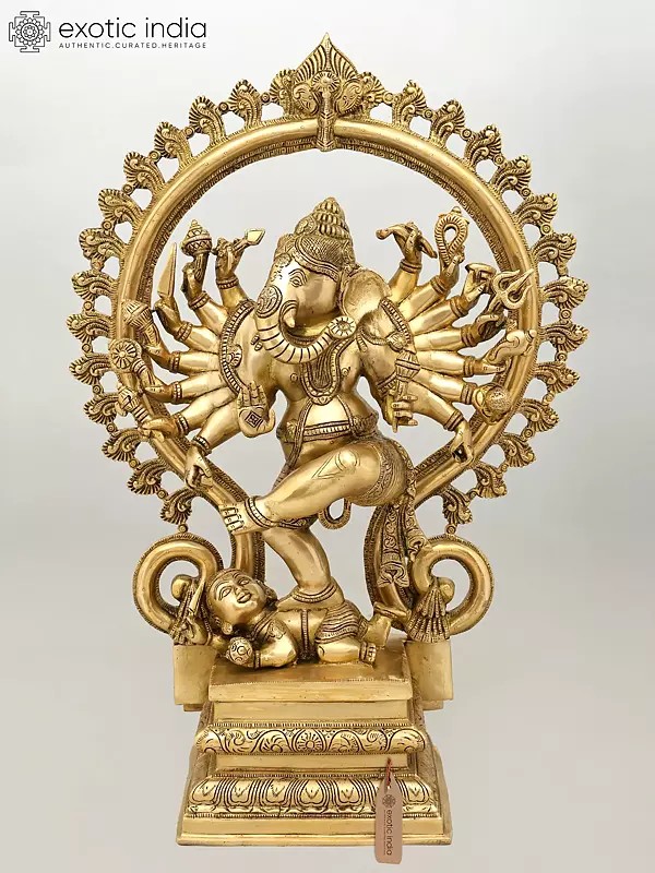 25" Sixteen Armed Dancing Ganesha Represented as Nataraja In Brass