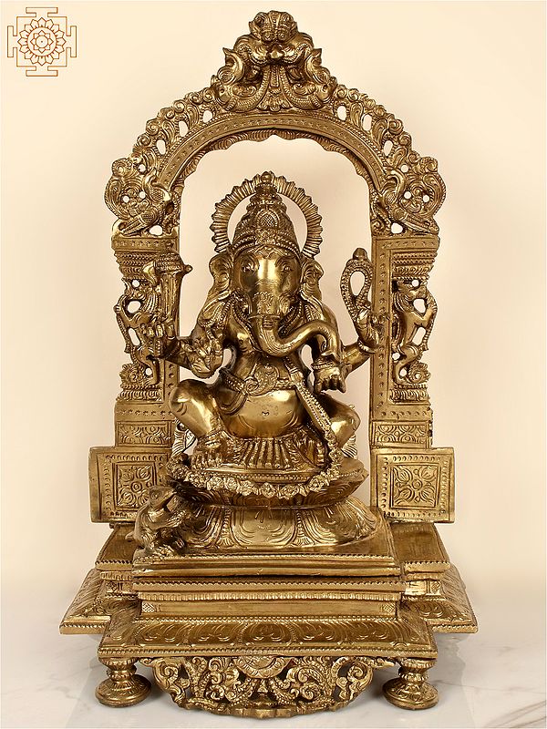 14" Lord Ganesha with a Traditional Prabhavali as the Backdrop  (Hoysala Art)  | Handmade |