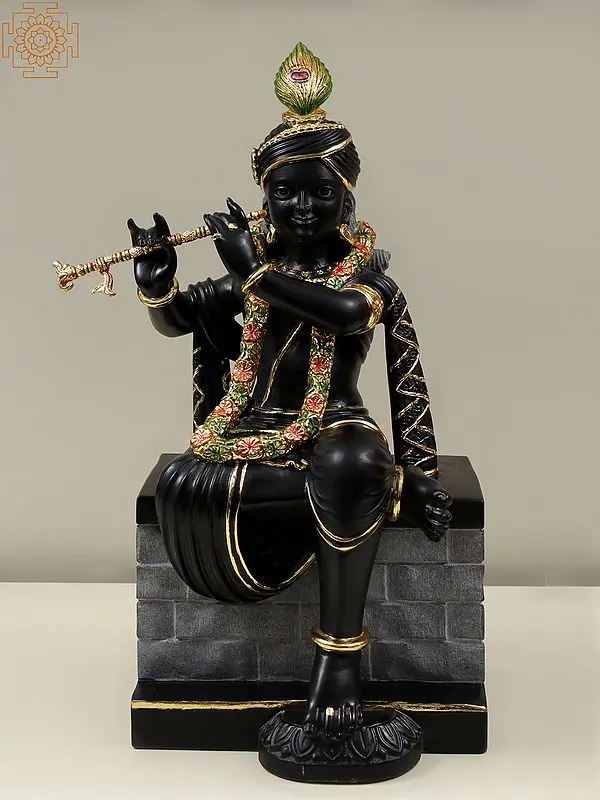 Black Marble Krishna Statue with Flute