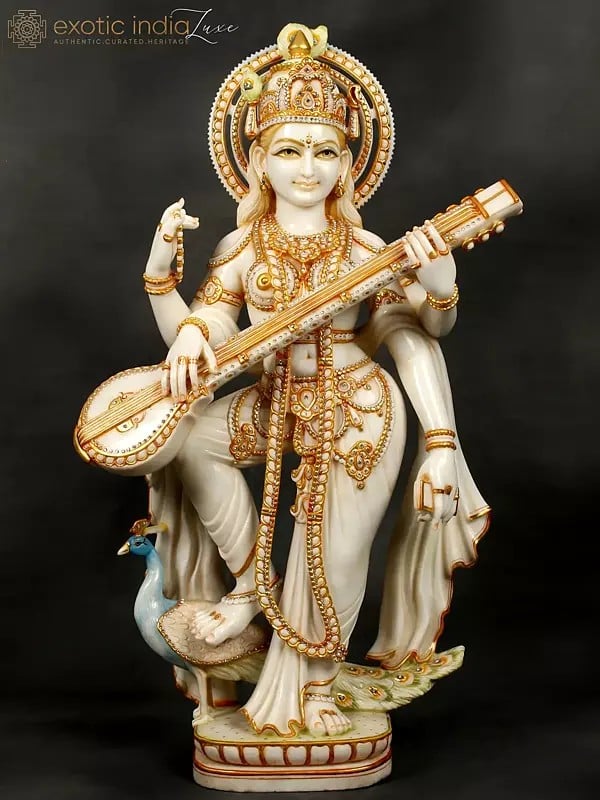 39" Gold Embellished Goddess Saraswati on Her Vahana | Handcrafted In White Marble
