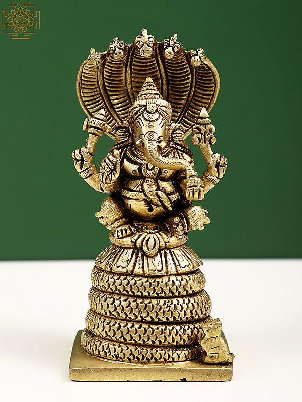 4" Small Four-Armed Ganesha Seated on Five-Hooded Serpent In Brass