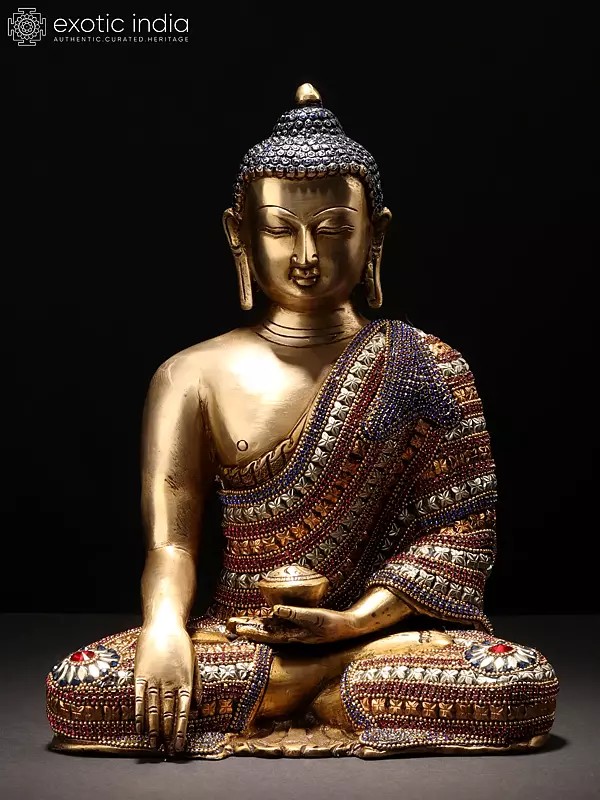 11" Bhumisparsha Shakyamuni Buddha Idol in an Adorable Stone Studded Robe | Handmade Brass Statue