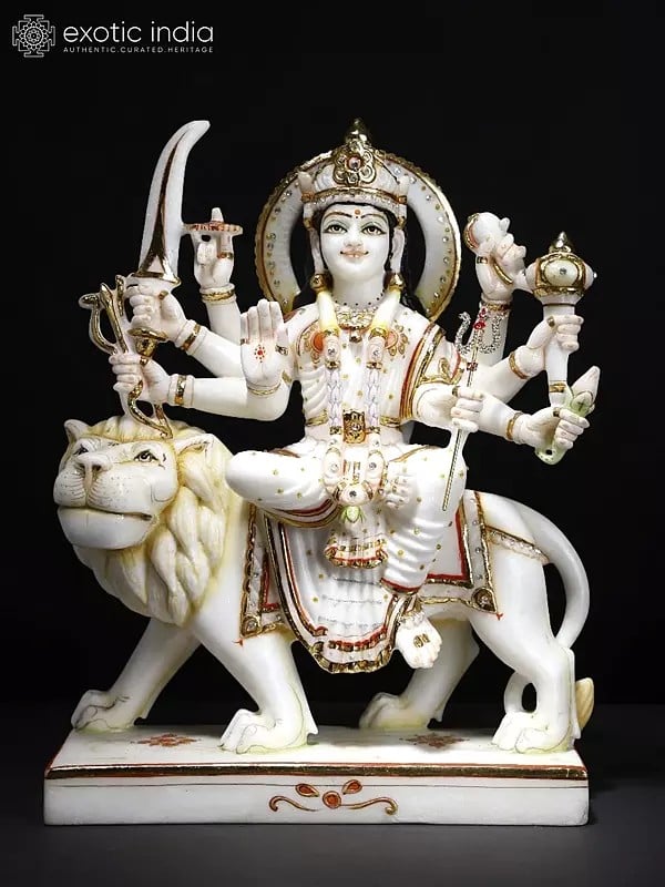 15" Ashtabhuja Goddess Durga Marble Statue | Maa Durga Idol Sitting on Lion