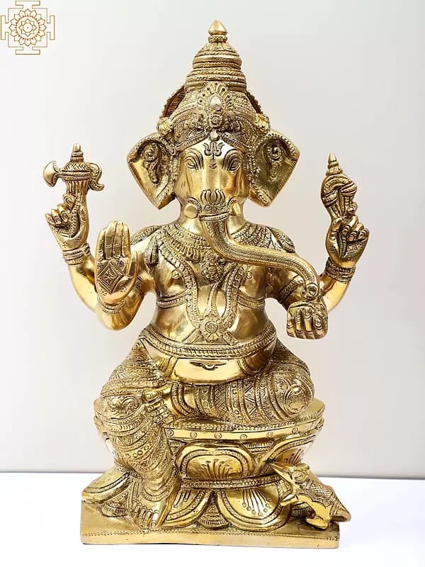 12" Lord Ganesha Seated on Lotus | Brass Bhagawan Ganesha