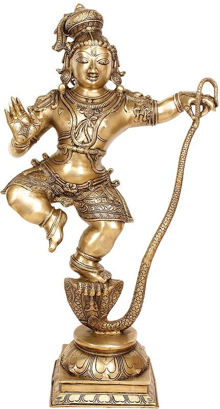 34" The Dance of Victory: Large Size Krishna vanquishes Kaaliya In Brass | Handmade | Made In India