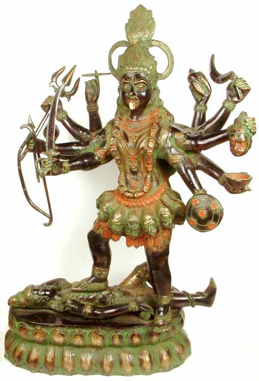 32" (Large Size) Ten-Armed Black Kali, or Mahakali In Brass | Handmade | Made In India