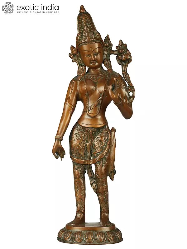 16" Tibetan Buddhist Deity- Standing Tara (Dhoti Decorated with Vegetative Designs) in Brass | Handmade | Made in India