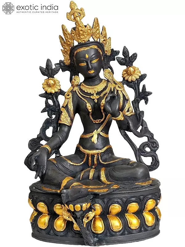 14" Green Tara Brass Idol in Dual-Tone Finish – Tibetan Buddhist Deity, Handmade in India