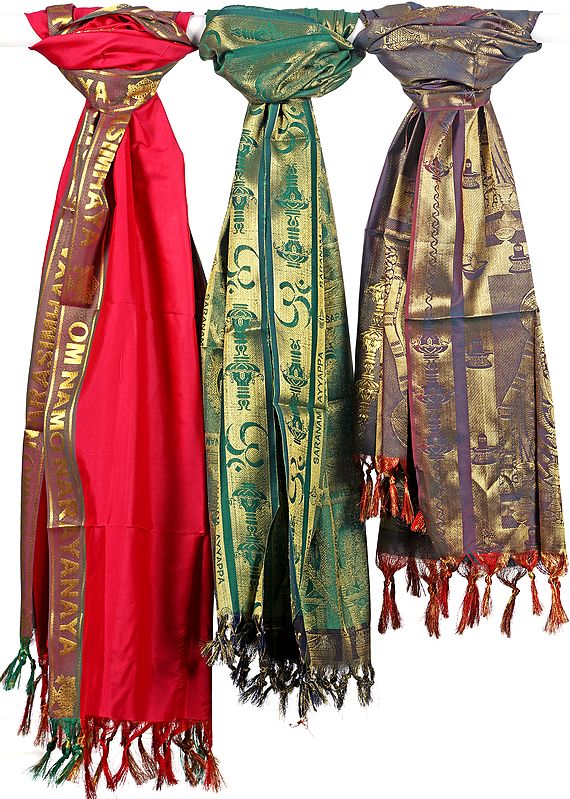 Lot of Three Brocaded Shawls with Golden Thread Weave All-Over