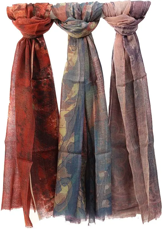 Lot of Three Digital-Printed Shawls