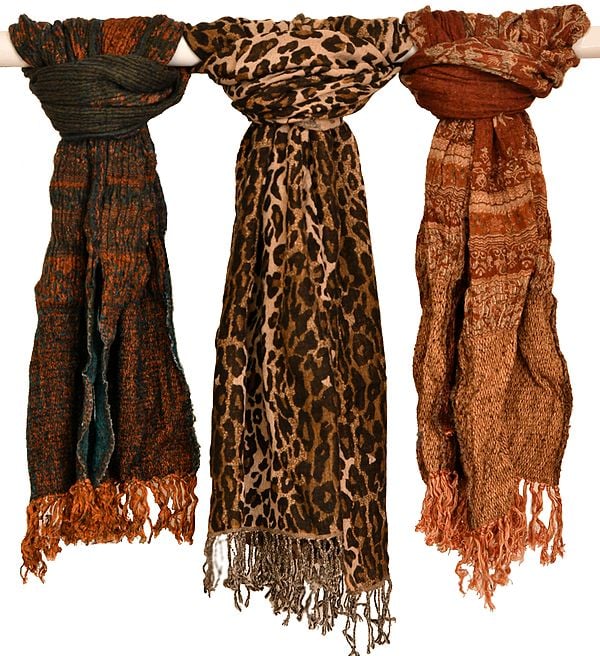 Crushed Scarves with Printed Stole (Lot of Three)