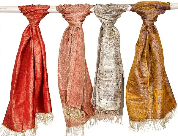 Lot of Four Zari-Brocaded Scarves from Banaras with Woven Paisleys