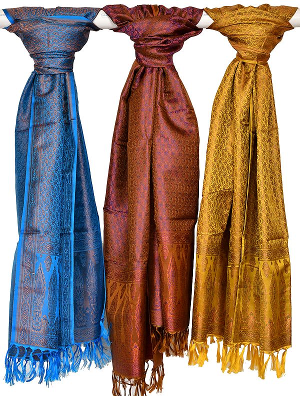 Lot of Three Brocaded Banarasi Scarves with Dense Weave
