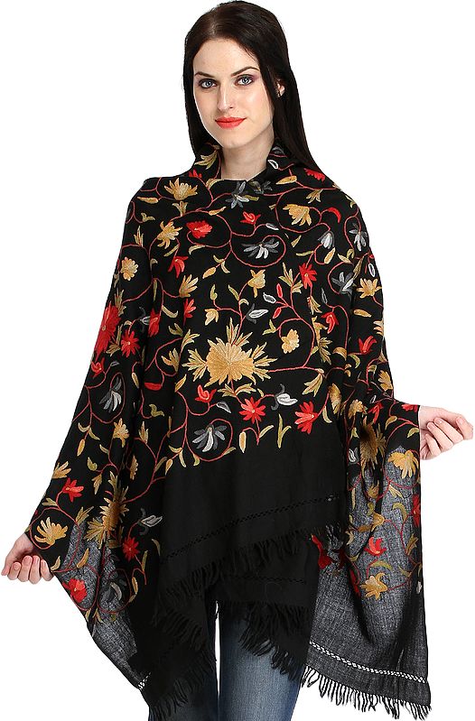 Jet-Black Stole from Kashmir with Aari Hand-Embroidered Flowers All-Over