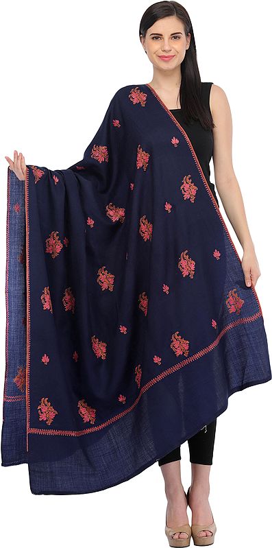 Tusha Shawl from Kashmir with Sozni Hand-Embroidered Maple Leaves