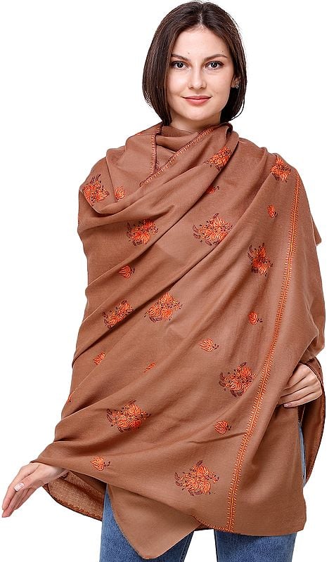 Tusha Shawl from Kashmir with Sozni Hand-Embroidered Maple Leaves