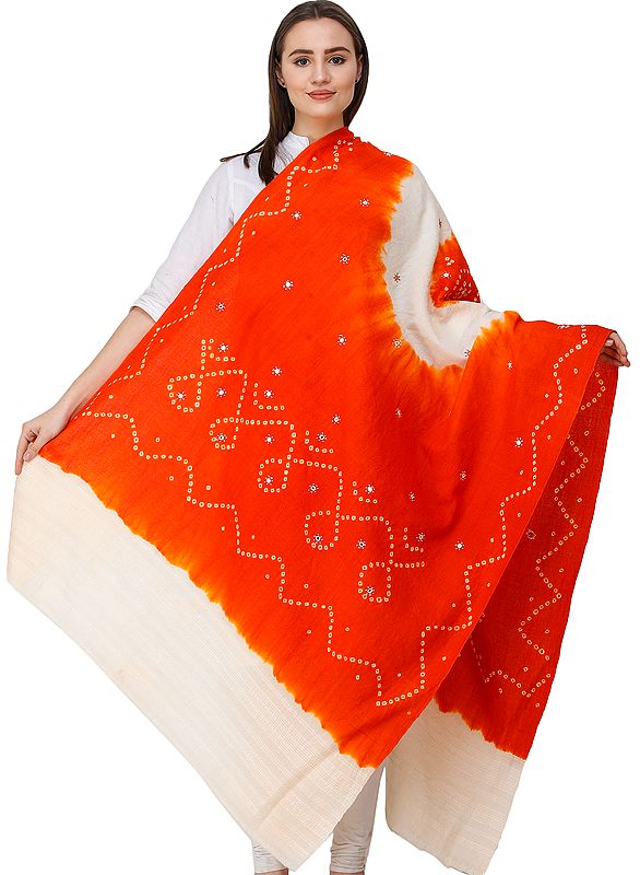 Bandhani Tie-Dye Shawl from Gujarat with Embroidered Mirrors
