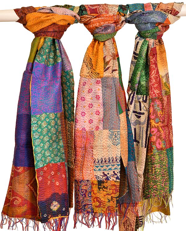 Lot of Three Patchwork Reversible Scarves from Kolkata with Kantha Stitch Embroidery All-Over