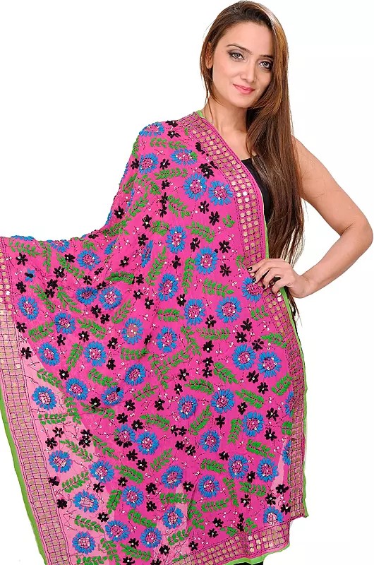 Phulkari Dupatta from Punjab with Crewel Embroidery and Sequins