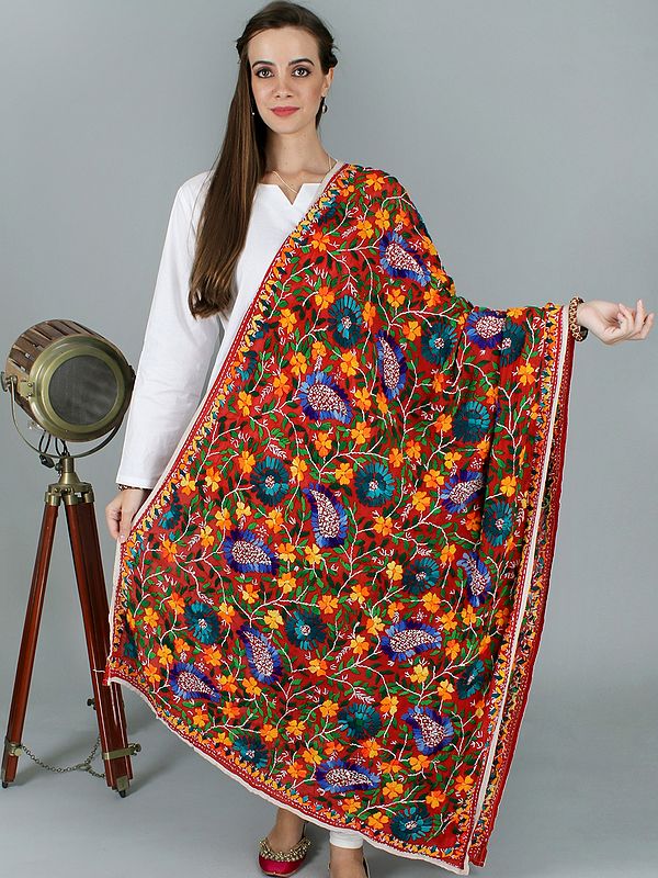 Phulkari Dupatta from Punjab with Crewel Embroidery and Sequins