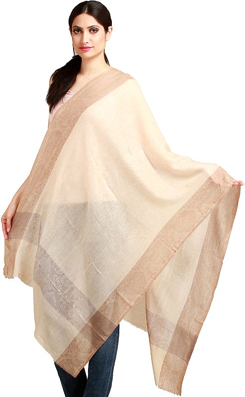 Mellow-Buff Semi Cashmere Stole from Amritsar with Self-Weave