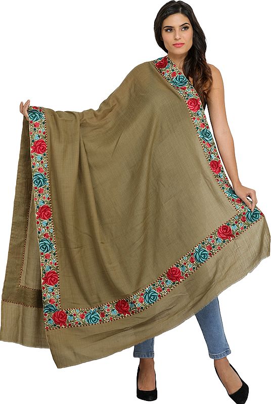 Plain Shawl from Amritsar with Parsi Floral Embroidered Patch Border