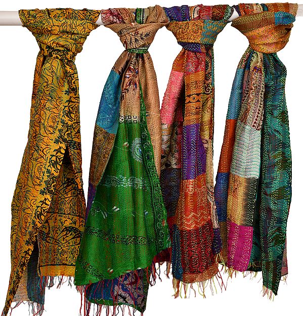 Lot of Four Printed Patchwork Scarves from Kolkata with Kantha Straight Stitch