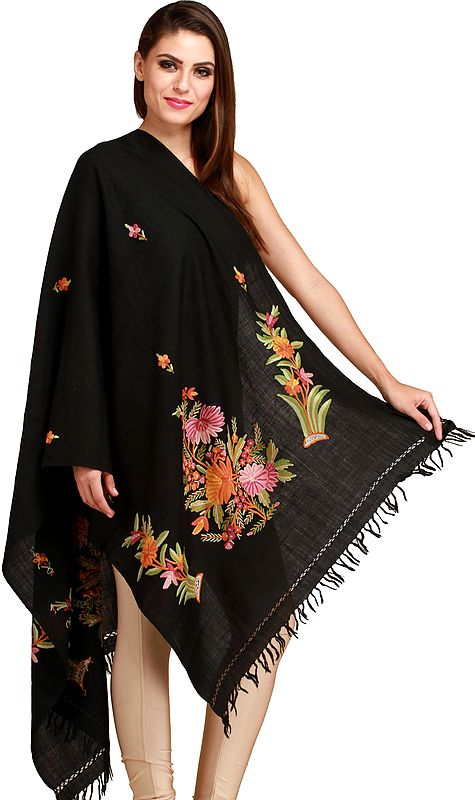 Stole from Kashmir with Aari Floral-Embroidery by Hand