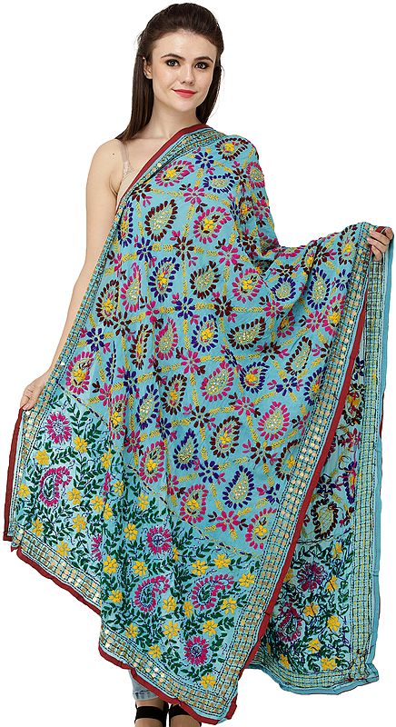 Hand Embroidered Phulkari Dupatta from Punjab with Sequins