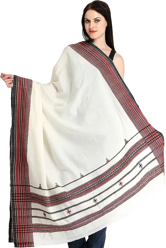 Ivory Shawl from Kutch with Thread Weave on Border