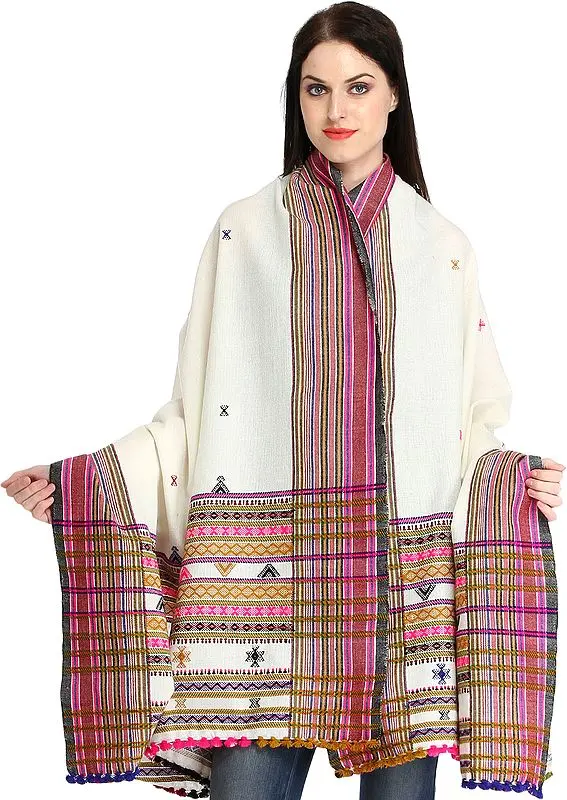 Ivory Shawl from Kutch with Woven Border and Bootis