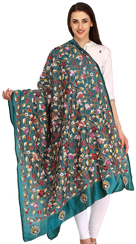 Ocean-Depths Dupatta from Kolkata with Floral Kantha-Embroidery by Hand