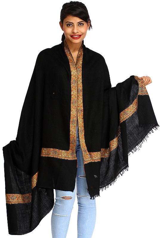 Jet-Black Plain Pashmina Shawl from Kashmir with Sozni Hand-Embroidery on Border
