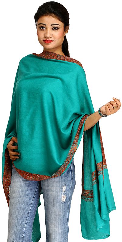 Bright-Aqua Plain Stole from Kashmir with Sozni Hand-Embroidery on Border