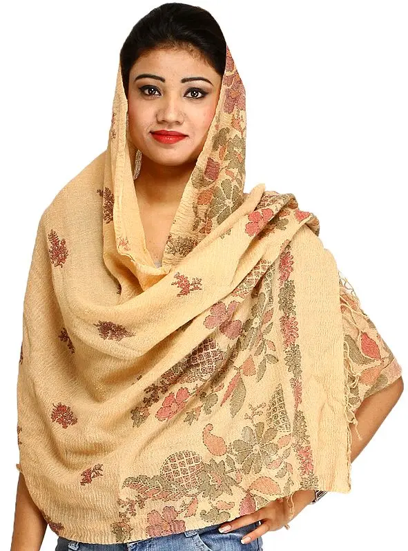 Mellow-Buff Stole with Printed Flowers and Thread Weave