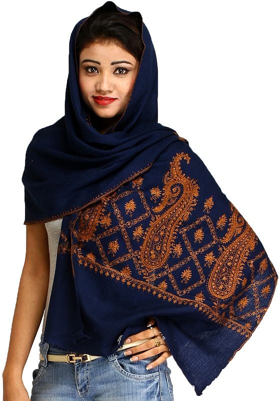 Estate-Blue Sozni Hand-Embroidered Tusha Stole from Kashmir with Paisleys